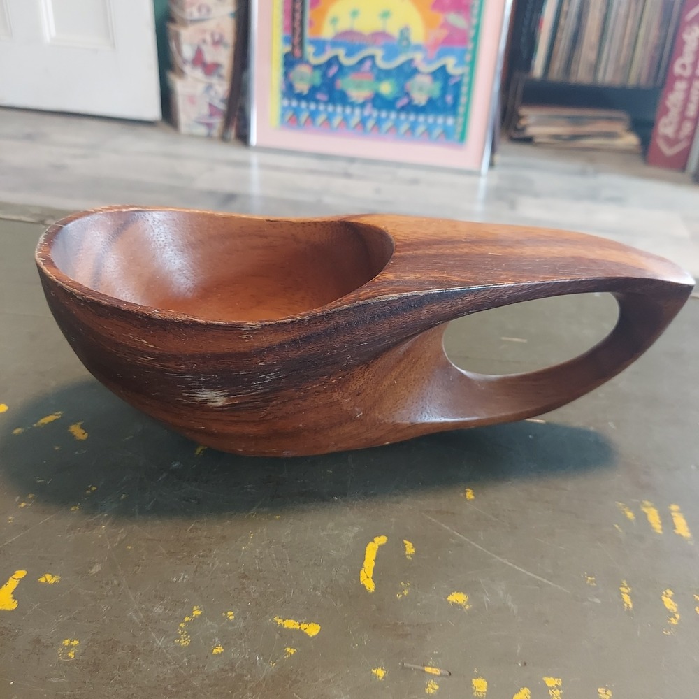 Vintage Mid Century Modern Hand Carved Wooden Scoop Bowl Kuksa Handle 9 Inch